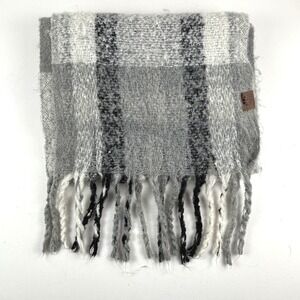 C&C California Plaid Scarf Womens OS Grey Fuzzy Fringe Winter Cozy‎ Soft Warm